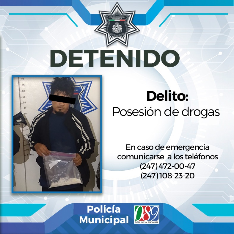 Detiene Seguridad Pública de Huamantla a individuo por posesión de drogas